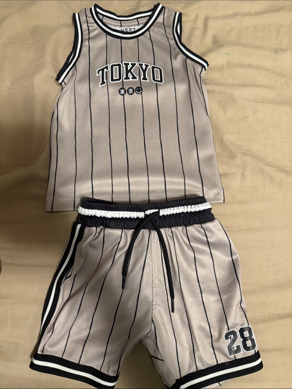 NEXT 12-18month  Beige and Black Pinstripe Athletic Tank & Shorts Set
